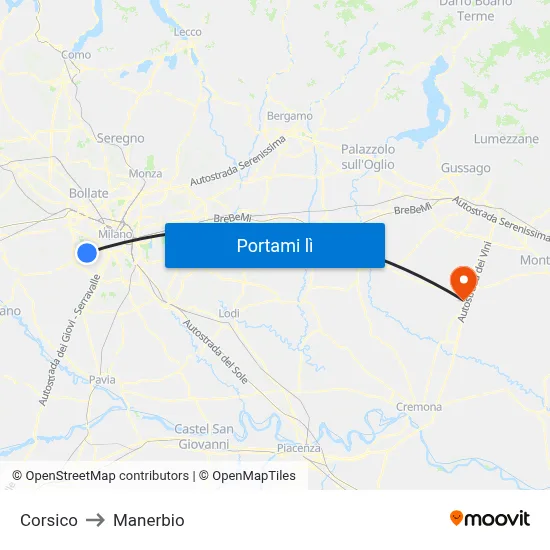Corsico to Manerbio map