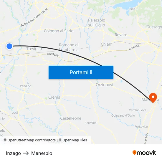 Inzago to Manerbio map