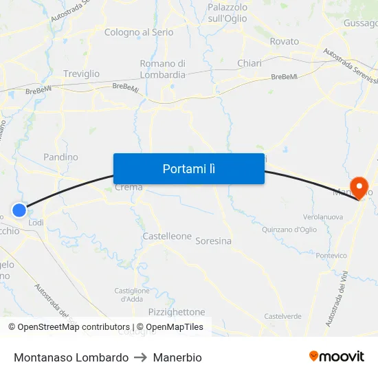 Montanaso Lombardo to Manerbio map