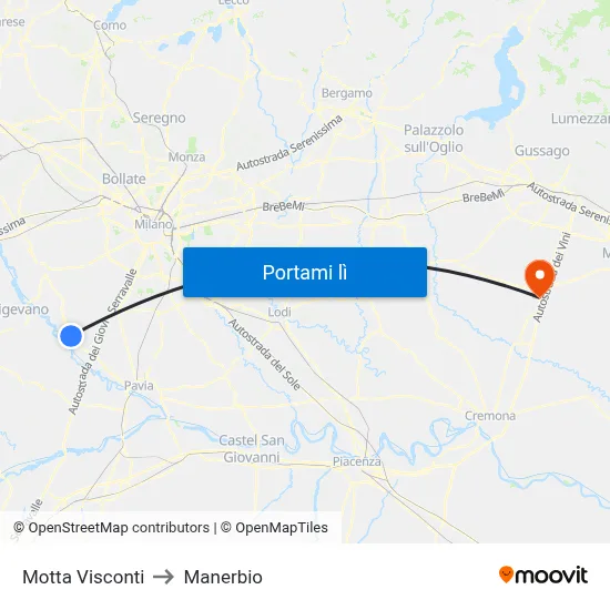 Motta Visconti to Manerbio map