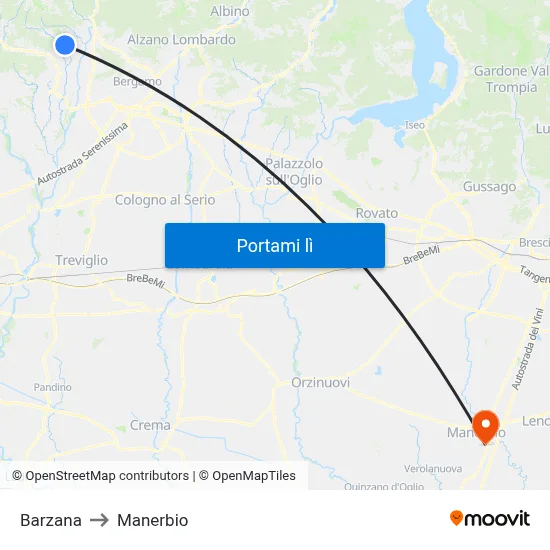 Barzana to Manerbio map
