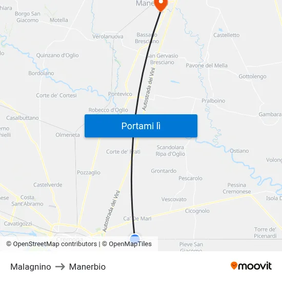 Malagnino to Manerbio map