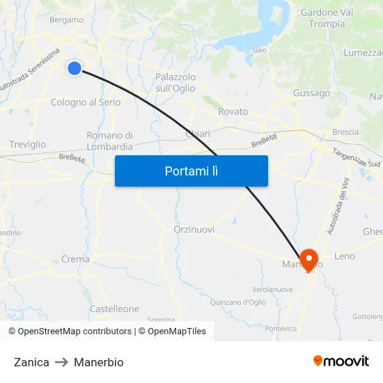 Zanica to Manerbio map