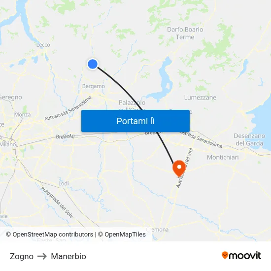 Zogno to Manerbio map