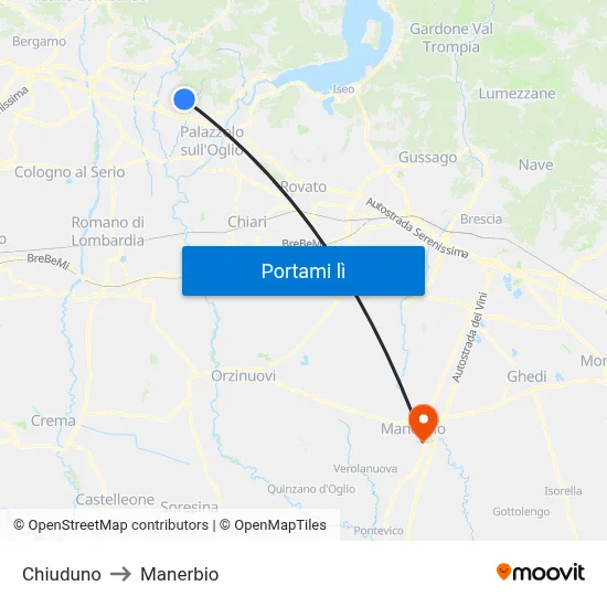 Chiuduno to Manerbio map