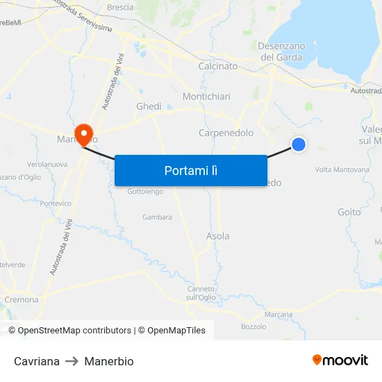 Cavriana to Manerbio map