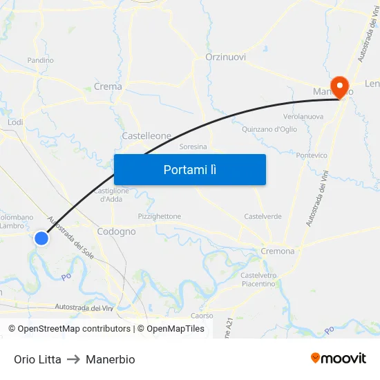 Orio Litta to Manerbio map