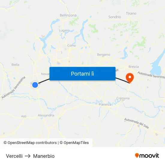 Vercelli to Manerbio map
