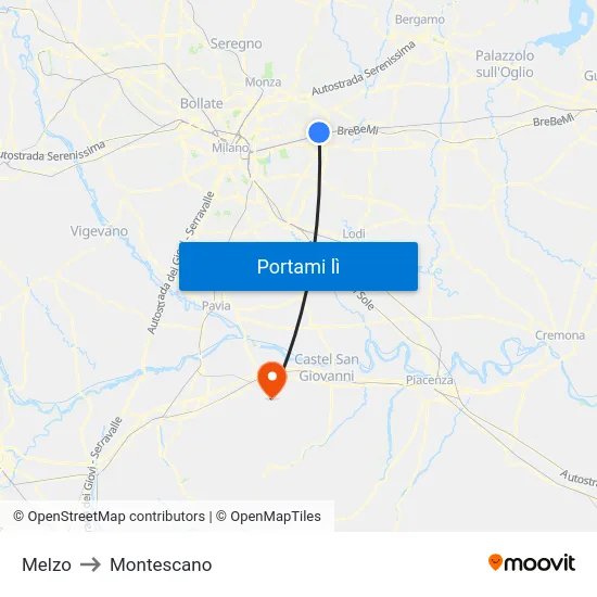 Melzo to Montescano map