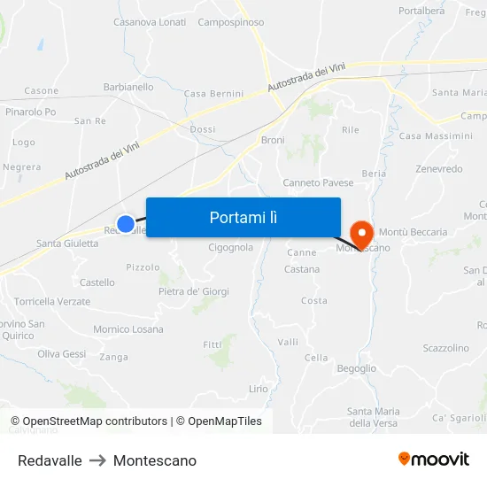Redavalle to Montescano map