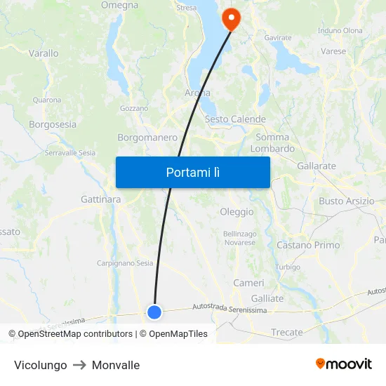 Vicolungo to Monvalle map