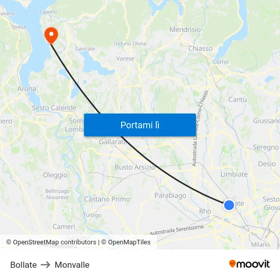 Bollate to Monvalle map
