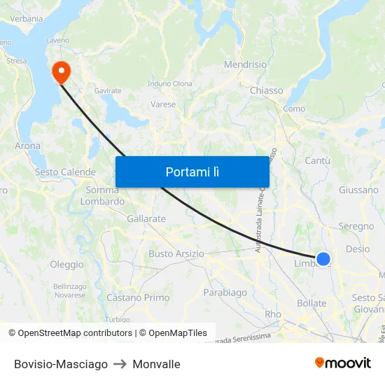 Bovisio-Masciago to Monvalle map