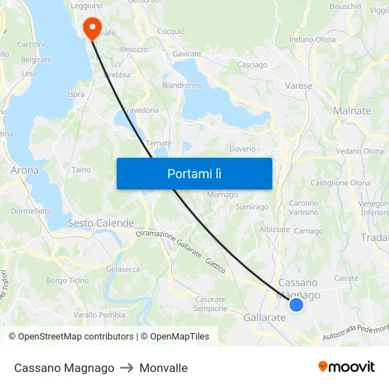 Cassano Magnago to Monvalle map