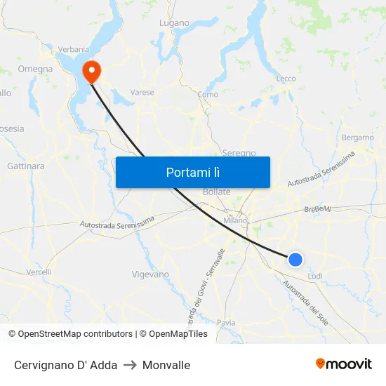 Cervignano D' Adda to Monvalle map
