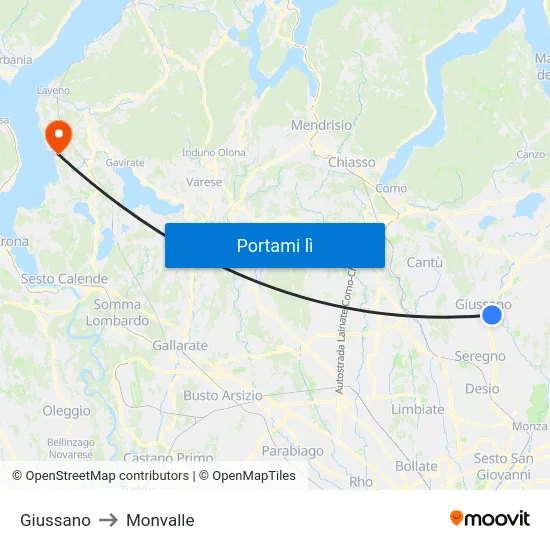 Giussano to Monvalle map