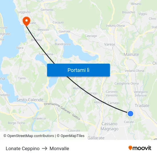 Lonate Ceppino to Monvalle map