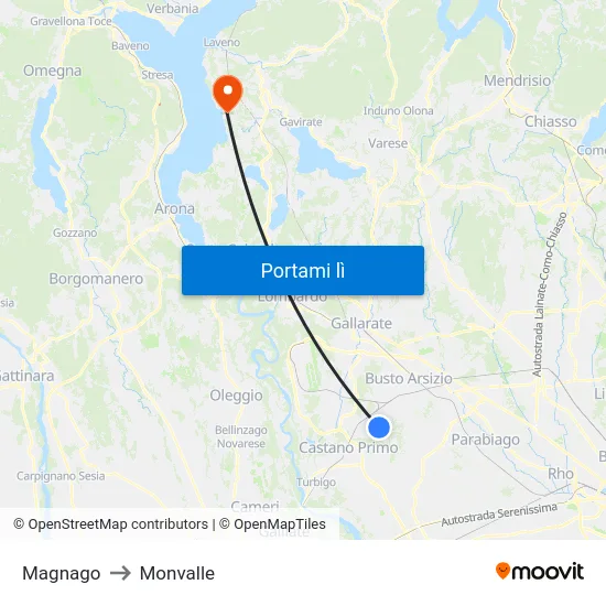 Magnago to Monvalle map