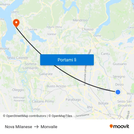 Nova Milanese to Monvalle map