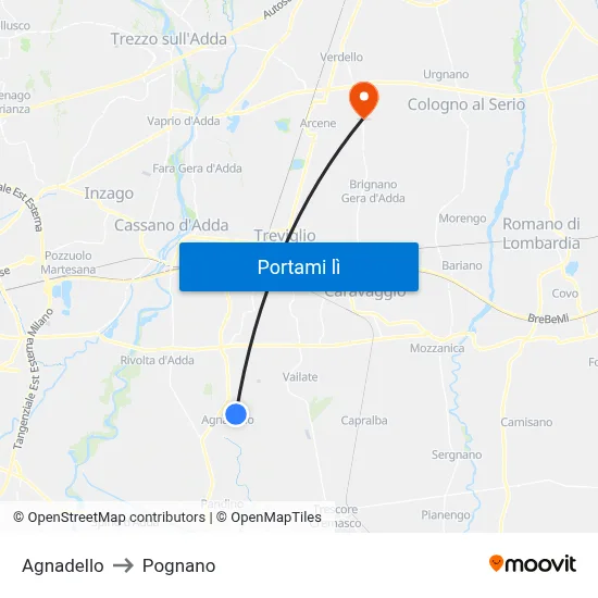 Agnadello to Pognano map