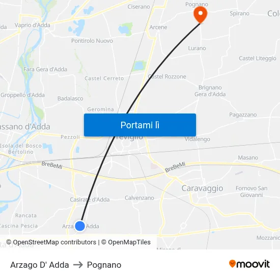Arzago D' Adda to Pognano map