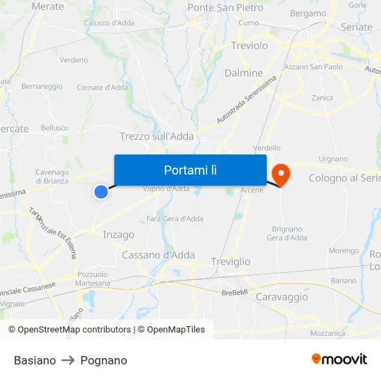 Basiano to Pognano map
