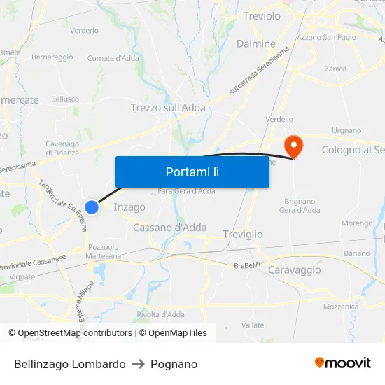 Bellinzago Lombardo to Pognano map