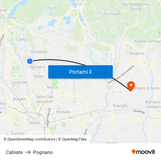 Cabiate to Pognano map