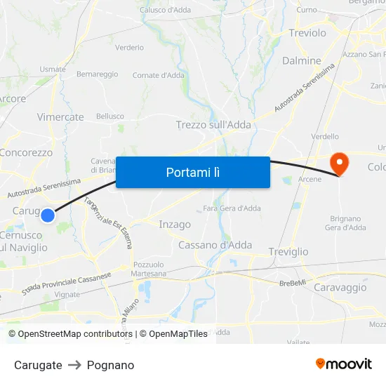 Carugate to Pognano map