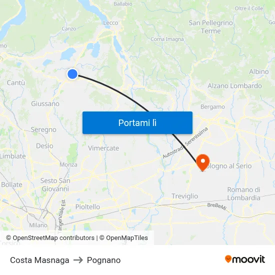 Costa Masnaga to Pognano map