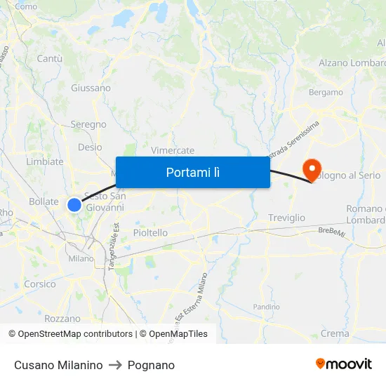 Cusano Milanino to Pognano map