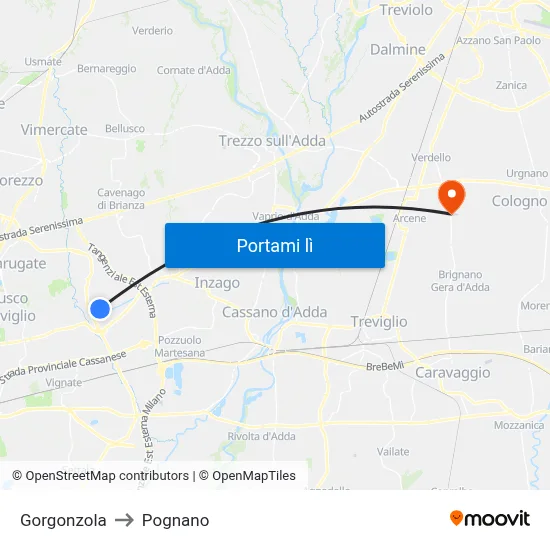 Gorgonzola to Pognano map