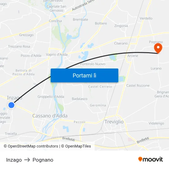 Inzago to Pognano map