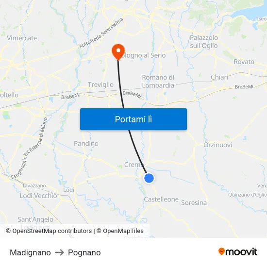 Madignano to Pognano map