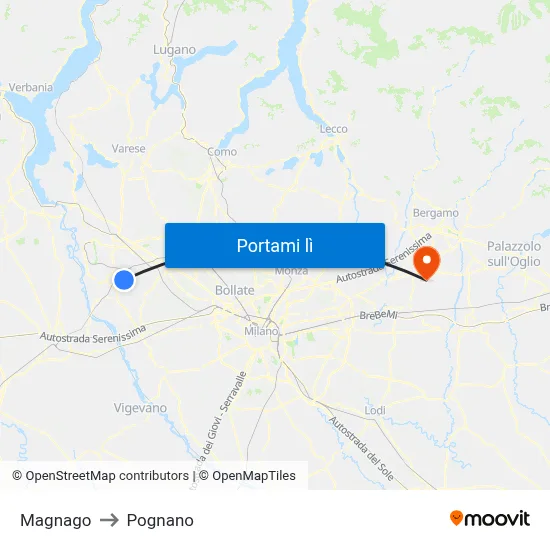 Magnago to Pognano map