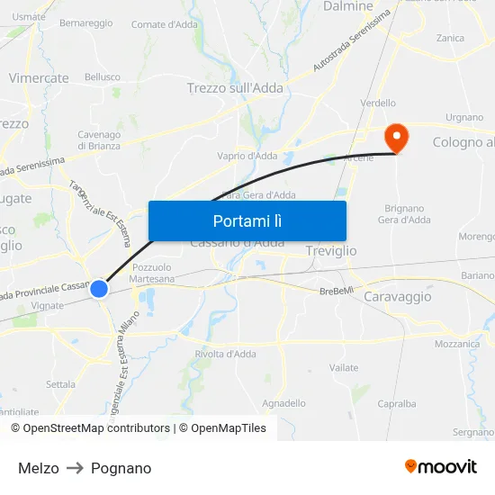 Melzo to Pognano map