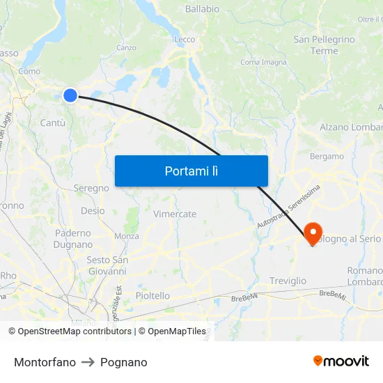 Montorfano to Pognano map