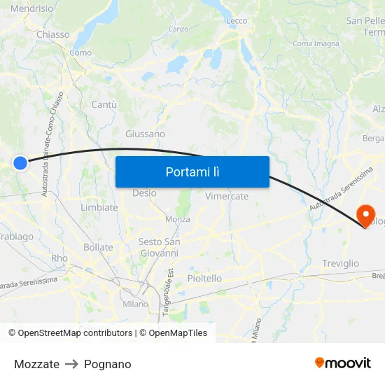 Mozzate to Pognano map