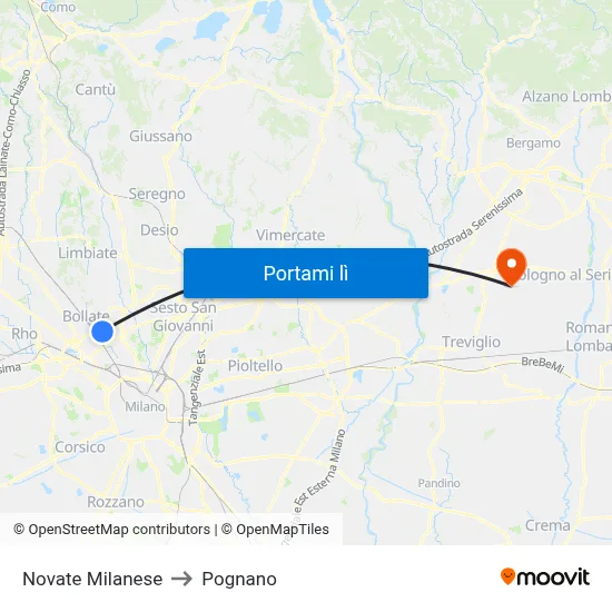 Novate Milanese to Pognano map