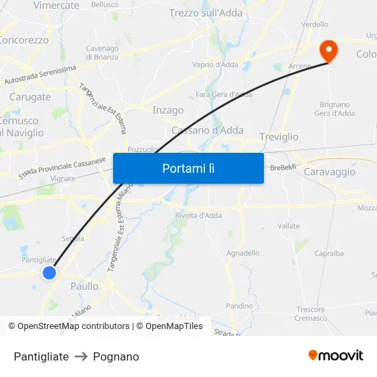 Pantigliate to Pognano map
