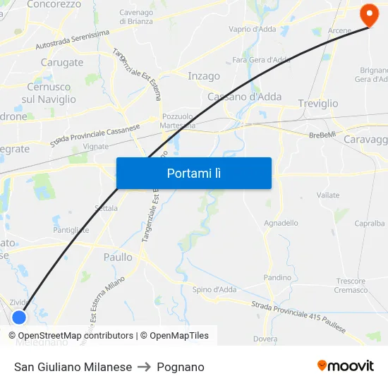 San Giuliano Milanese to Pognano map
