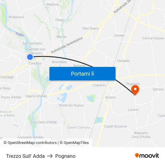 Trezzo Sull' Adda to Pognano map