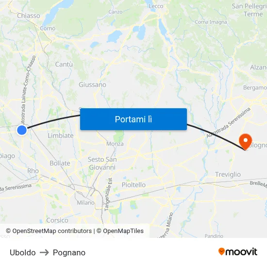 Uboldo to Pognano map