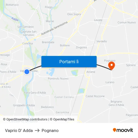 Vaprio D' Adda to Pognano map