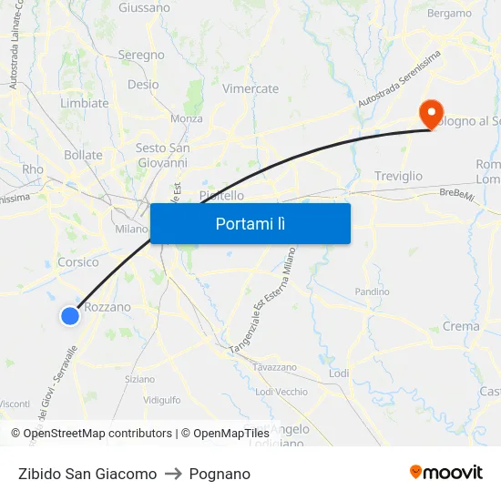 Zibido San Giacomo to Pognano map