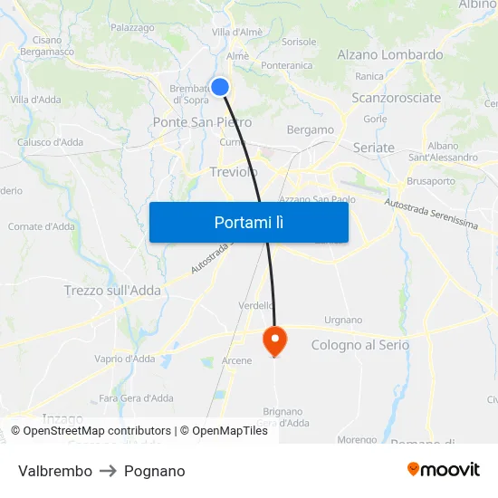 Valbrembo to Pognano map