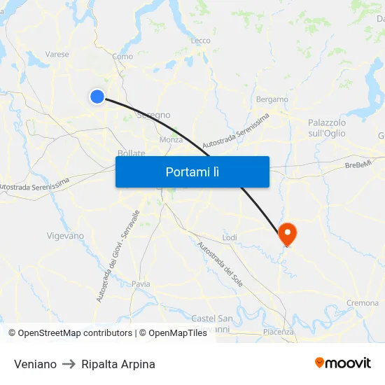 Veniano to Ripalta Arpina map