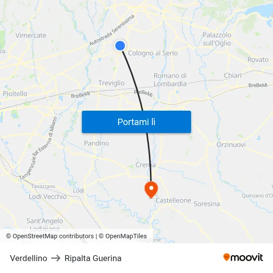 Verdellino to Ripalta Guerina map