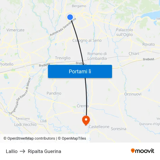 Lallio to Ripalta Guerina map