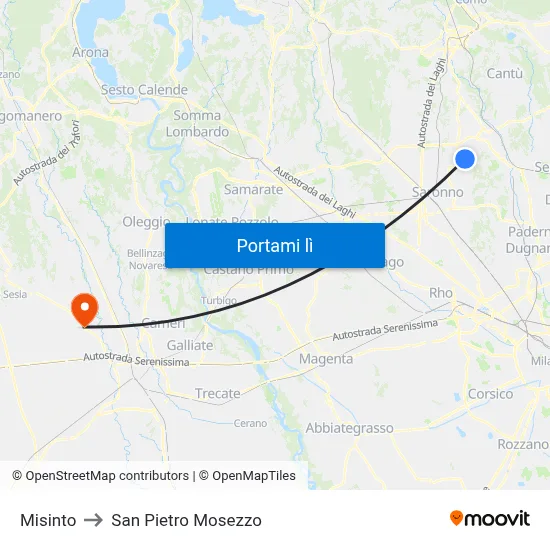 Misinto to San Pietro Mosezzo map